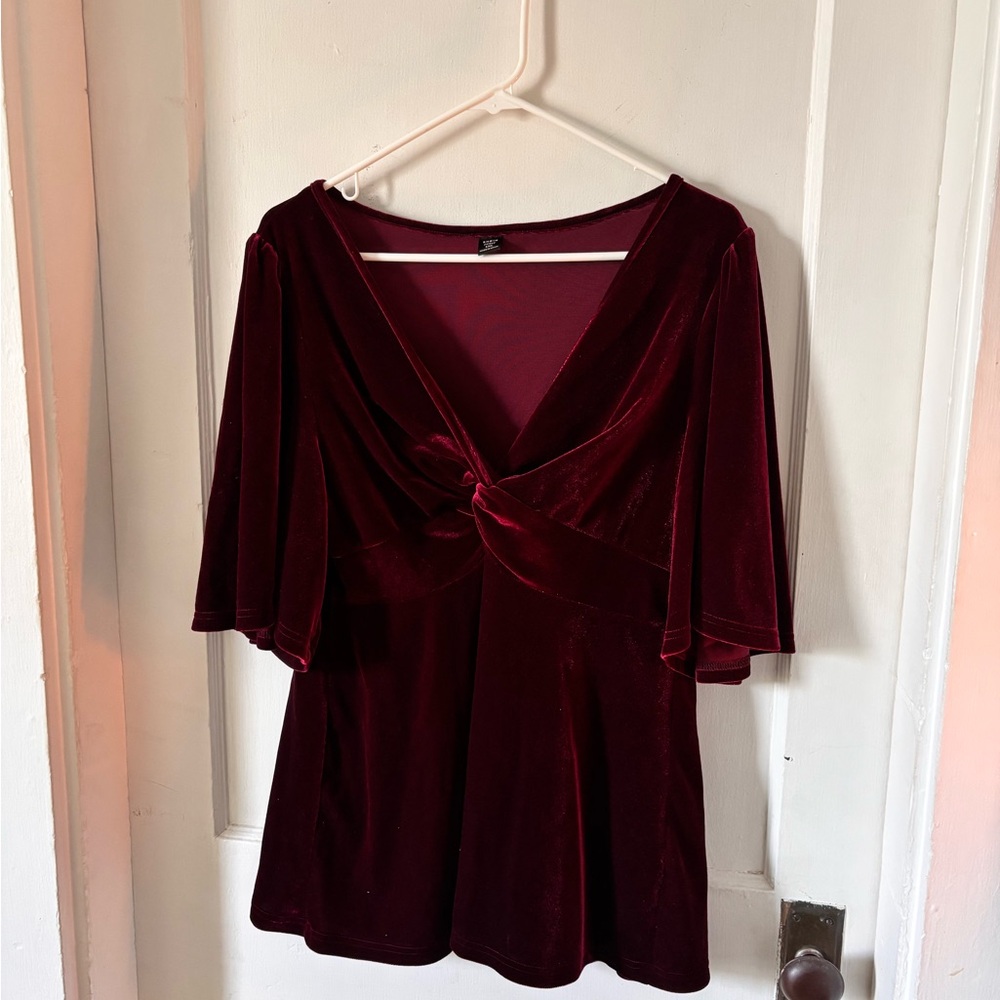SHEIN Red Velvet Blouse with V-Neck and Tie Front